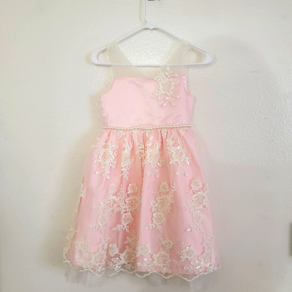 Pink Lace Dress floral with pearl waist.